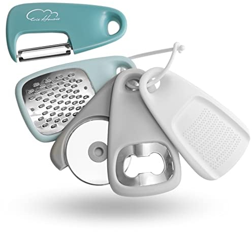Küchenhelfer Set Edelstahl 5-teilig Küchenutensilien, Käsereibe, Flaschenöffner, Obst-/Gemüseschäler, Pizzaschneider, Knoblauch-/Ingwermühle, Camping Zubehör, Spülmaschinenfest (blau)