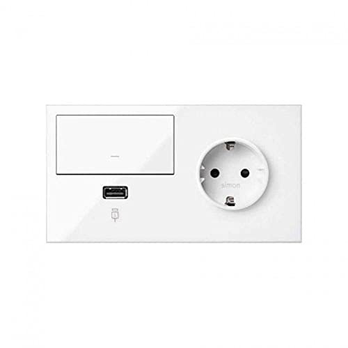 Simon Kit front para 2 elementos con 1 base de enchufe Schuko, 1 tecla y 1 cargador USB derecha, serie 100, 4 x 15 x 8 centímetros, color blanco mate (referencia: 10020206-230)