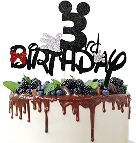 3rd Birthday Cake Topper for Cartoon Mouse Theme Birthday Party Decorations, 3 Years old Birthday Cake Decor Supplies, Bows and White Gloves Sign (Black Glitter)