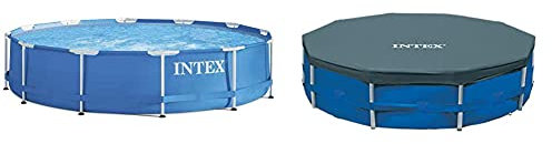 Intex Kit piscinette Metal Frame Ronde 3,66 x 0,76 m & 28031 Bâche de Protection pour Tubulaire Ronde 3m66, Bleu, 366x366x25 cm