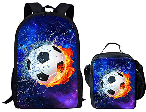Showudesigns Football Backpack for Boys with Lunch Bag Universe Galaxy Backpacks Girls Personalised School Bag and Lunchbox Pack Set Rucksack Soccer Blue