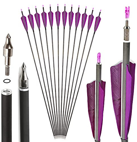 SHARROW 35 Zoll Carbon Pfeile für Bogenschießen Carbonpfeil Spine 400 Jagd Pfeile Carbon Jagdpfeile mit 4 Zoll Natürliche Federn Pfeile für Pfeil Bogen Recurvebogen Compoundbogen Jagd (lila, 12p)