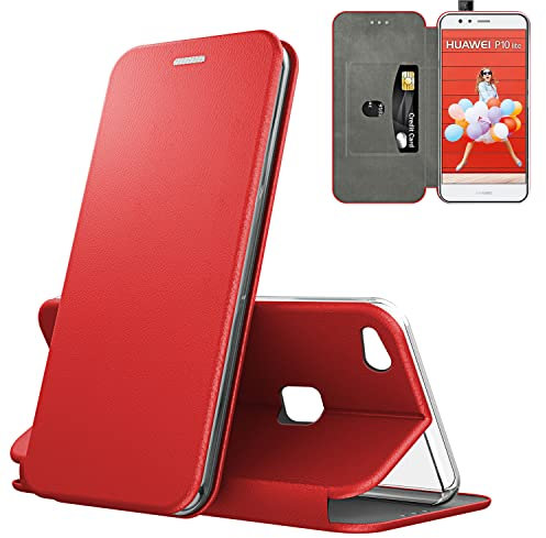 N NEWTOP Cover Compatibile per Huawei P10 Lite, Chiusura Magnetica 360 Capsule Flip Custodia Libro per Carta di Credito Simil Pelle TPU Interno Funzione Stand Supporto (Rosso)