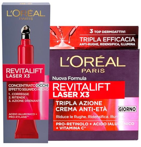 L'Oréal Paris Revitalift Crema Giorno Laser X3 Anti-Età Tripla Azione Rassodante e Illuminante con Pro-Retinolo e Vitamina C + Contorno Occhi Concentrato Drenante - 2 Trattamenti con Acido Ialuronico