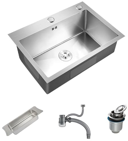 Inset/Undermount Stainless Steel Kitchen Sink Deep Square Single Bowl with Strainer Drain, Silver (55x45cm)