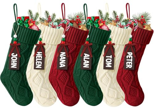 Hommtina Christmas Stockings, Personalized Christmas Stockings 18 Inches Large Size Cable Knitted Stocking Gifts (6pcs White&red&Green)