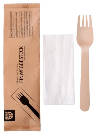 GRÄWE Holzgabel mit Serviette, 100 Sets, Nachhaltiges Besteckset aus Holz, Biologisch Abbaubar
