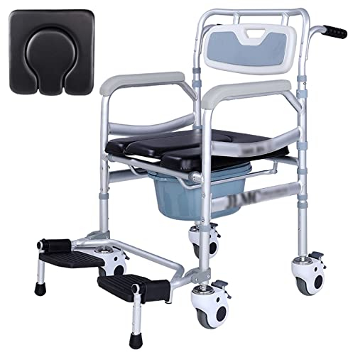 Duschstuhl für Senioren 200 kg mit Rollen Toilettenrollstuhl Höhenverstellbar, Premium Toilettenstuhl, Duschstuhl Fahrbar, Rollstuhl mit WC Eimer (Color : A)