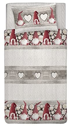 PENSIERI DELICATI Parure Copripiumino Singolo 100% Cotone, Completo di Sacco 155x200cm e 1 Federa 52x82cm, Made in Italy, Copripiumino Lavabile In Lavatrice A 40°, Fantasia Gnomo Rosso