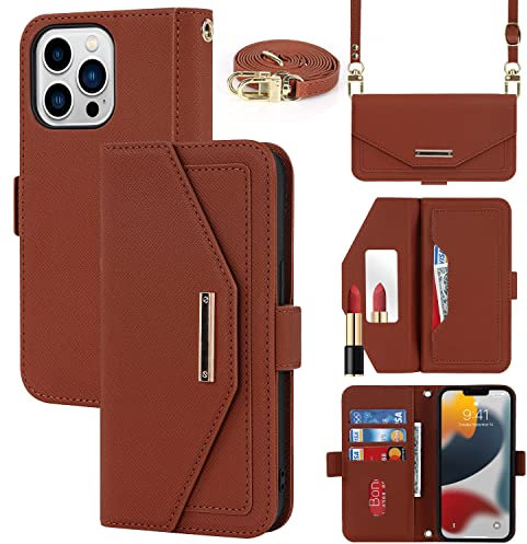 Cavor Coque Compatible avec iPhone 13 Pro Etui avec Cordon,Flip Portefeuille Étui Cuir,[5 Porte Cartes][Miroir][Magnétique][Réglable Collier] Housse - Marron
