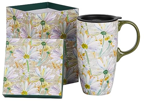 DUSVALLY Taza de cerámica grande para café, tazas altas de porcelana con tapa, 17 onzas, margaritas