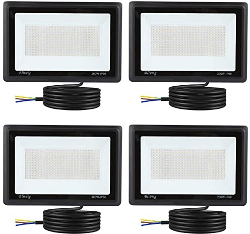 Blivrig 4PCS 200W LED Strahler Außen Kalt Weiß 6000K 20000LM, 288 LED Scheinwerfer Aussen, IP66 Wasserdicht Fluter, Gärten Außenstrahler, für Hof, Garage, Lager