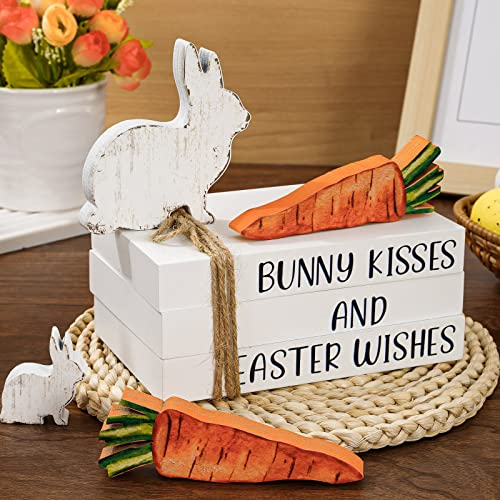 Whaline Oster-Holz-Tablett Dekor Osterhase Kunststoff Dekorative gestapelte Bücher Bündel Vintage Weiß Schwarz Holzblock Schild mit Osterhase Karotte Ausschnitt für Osterküche Zuhause Tischdekoration