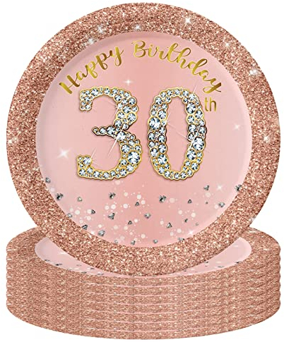 POPOYU 16Pcs Rose Gold 30th Party Paper Plates 7 inch,Rose Gold 30th Party Tableware Decor Rose Gold 30th Disposable Paper Plate Rose Gold 30th Plates for Rose Gold 30th Party Supplies Table decor