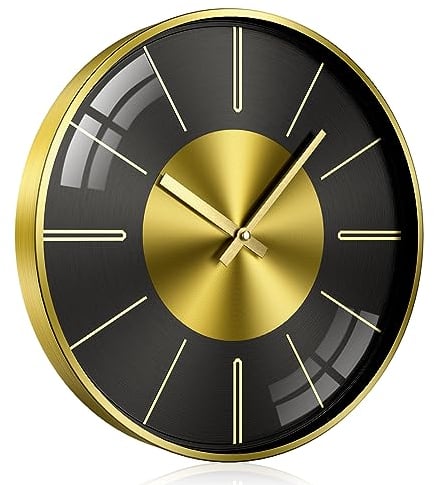 TOKTEKK Wall Clock 30.48cm Silent Non Ticking Clock Modern Wall Clocks Battery Operated for Living Room, Aluminium Round Decorative Clocks for Bedroom Kitchen Office Home Decor(Black Gold Scale)