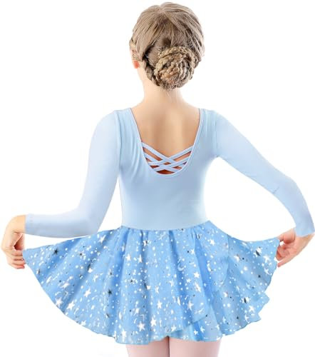 DANSHOW Kinder Ballettkleidung Mädchen Tanzkleider Mädchen Lange Ärmel Balletttrikot Ballettanzug Tanzkleid mit Chiffonrock(40421-01AY-M)