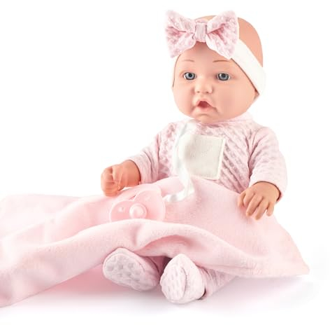eDollable 30cm Baby Puppe in Einer Geschenkbox mit Schnuller, Fläschchen und weicher Decke, Neugeborene Babypuppe Spielzeug für Kleinkinder