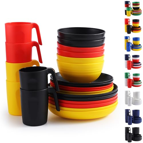 Berglander vajilla de plástico 24 piezas para 6, juegos de platos y tazones reutilizables de color DE incluye platos de cena, plato de postre, tazones de cereales, tazas para el hogar, jardín, picnic