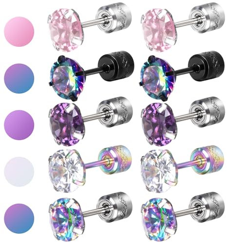 5 Pair Titanium Earrings for Women Men - Surgical Steel Screw Back Hypoallergenic Studs - Rainbow 5A Cubic Zirconia Double Side Sleeper Earrings