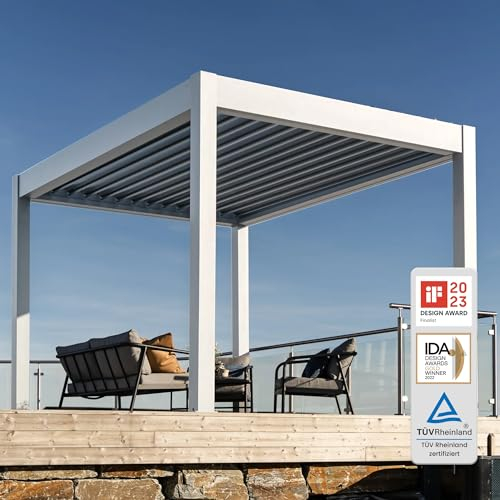 PERGOLUX – Skydance S2 elektrische Pergola – Garten Pavillon mit LED-Beleuchtung & elektrisch verstellbarem Lamellendach (Weiß, 3x3m)