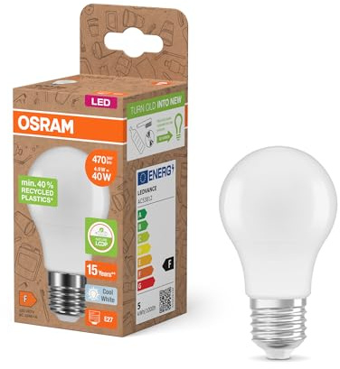 Osram LED STAR CLASSIC A 40 FR LED-Lampe, E27, klassische Kolbenform, weiß, 4,9W, 470lm, 4000K, kaltweißes Licht, sehr geringer Energieverbrauch, mit recyceltem Kunststoff, 6 - Pack