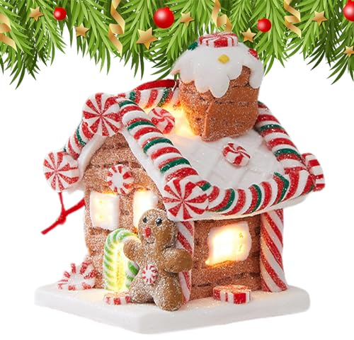 Aznever Weihnachts-Lebkuchenhaus- - Beleuchteter Lebkuchen-Weihnachtsbaumschmuck | Märchen-Süßigkeitenhaus aus weichem Ton für Türgriff-Fenster-Display