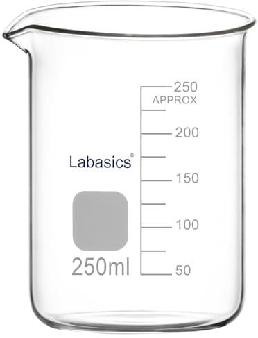 Labasics Glass Beaker, 1 Pack Borosilicate Glass Graduated Low Form Griffin Beaker with Pouring Spout Lab Beaker, 250 ml, High temperature resistance, Laboratory use