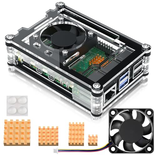 Bruphny Boîtier pour Raspberry Pi 5 Case avec 40 mm Silencieux Ventilateur,4 Pièces Cuivre Dissipateur Thermique,Boîtier Acrylique Compatible avec Raspberry Pi 5 8GO 4GO