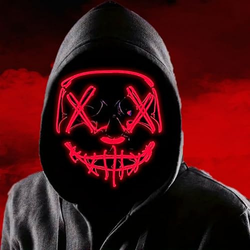 Boolavard LED Purge Mask - Scary Light Up Halloween Mask Glow in the Dark - Neon EL Wire Cosplay Costume Mask with 3 Flashing Modes for Teens & Adults Festival Masquerade Carnival Party