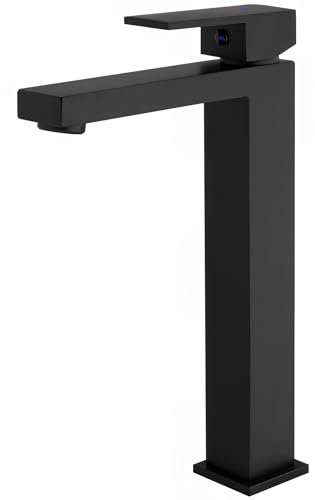 VALAZ Rubinetto Bagno Lavabo Alto Nero Opaco | Apertura a Freddo, Miscelatore Lavabo Bagno Acqua Fredda e Calda, Risparmio Acqua | Installazione Facile | Ottone, Inossidabile, Elegante, Serie Muga