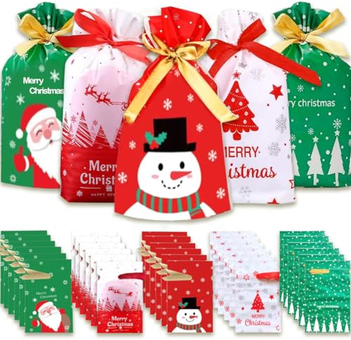 30 Weihnachten Geschenkbeutel Weihnachtstüte Kordelzug Partytüten Geschenktüten Tüten Süßigkeiten Süße Taschen Mitgebsel Beutel Kekstüten Geschenktüte für Kinder Verpacken