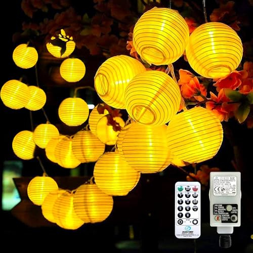 Bigzom LED Lampions Lichterkette Außen Strom, 10M 50Led Lichterkette Lampion mit Fernbedienung Memoryfunktion Timer