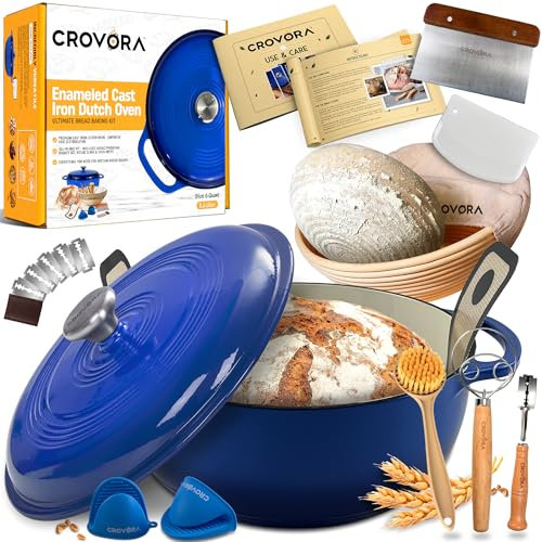 Crovora 6 QT Enameled Cast Iron Dutch Oven for Bread Baking with Lid - Incl. Sourdough Bread Baking Supplies like Banneton Bread Proofing Basket, Cast Iron Bread Oven, Bread Pan, bread making tools