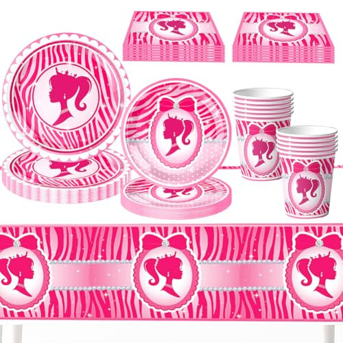 Bar-bie Vajilla de Fiesta para Cumpleaños - 51 Piezas, Platos, Tazas, Servilletas, Mantel - Set de Princesa para 10 Invitados
