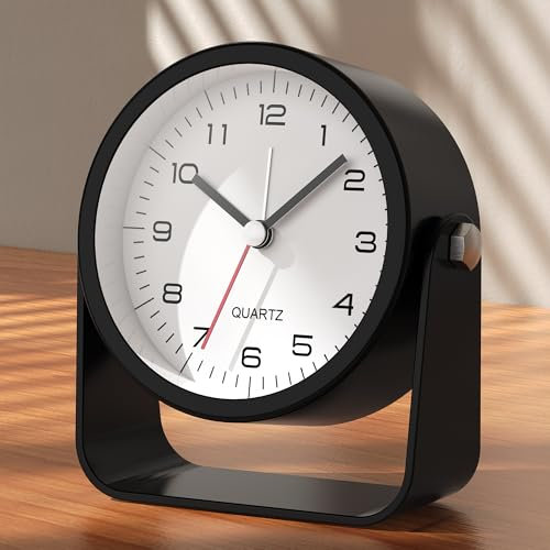 AYRELY 3,5Zoll Analog Wecker–geräuschloser Wecker ohne Ticken, Tischuhr mit verstellbarem Winkel, batteriebetrieben mit Licht (schwarz)