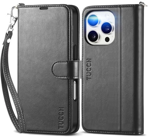 TUCCH Case for iPhone 16 Pro (6.3) 2024, Magnetic PU Leather Wallet Stand Case with Wrist Strap, RFID Blocking Protection, Card Holder, Shockproof TPU, Folio Folding Flip Cover for Women Men, Black