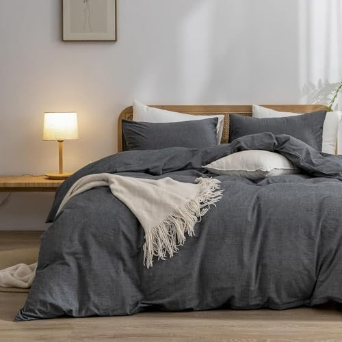 Tospass Baumwolle Bettwäsche 220x240cm Anthrazit Dunkelgrau Unifarben Baumwolle Renforce Bettwaren-Sets Leinenoptik Uni Deckenbezug Elegant Bettbezug mit Reißverschluss und 2 Kissenbezug 80x80cm