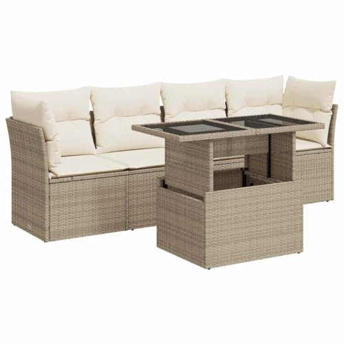 vidaXL 5-TLG. Garten-Sofagarnitur mit Kissen Beige Poly Rattan