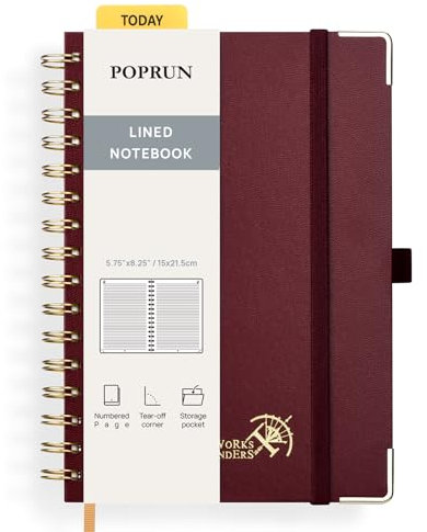 POPRUN Notizbuch A5 Liniert, Horizontal Line Journal, Spiral-Notizbücher 120 GSM Papier, 141 nummerierte Seiten, Hardcover mit Kleberegisterkarten und 8 Abreißblättern - BY(Burgund)