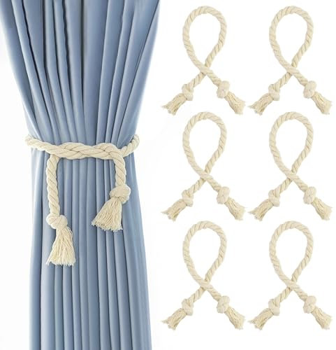 6 Piezas Abrazaderas Cortinas, Tiebacks de Cortina Trenzados a Mano, Unidades de alzapaños de Cuerda de Cortina, Cuerdas de algodón Natural para Cortinas para Dormitorio Salón y Oficina (Beige)