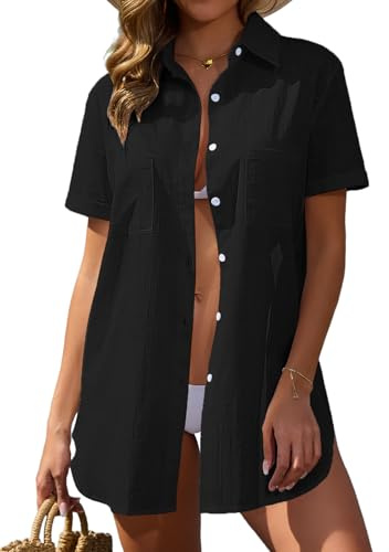 Vancavoo Beach Cover Up Cotton Beach Shirt Women Swimsuit Cover ups Dress Button Down Short Sleeves Beachwear Loose Cardigan Blouse Tops,Black,XL