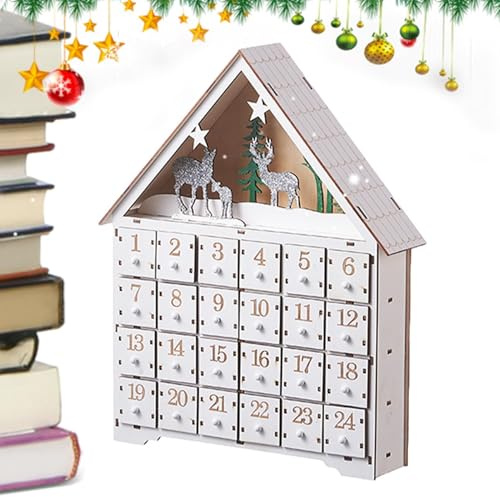 Calendario 'Avvento in legno di Natale,Calendario 'Avvento natalizio in legno bianco con 24 cassetti e luci a LED - Calendari 'Avvento con conto alla rovescia per bambini e adulti