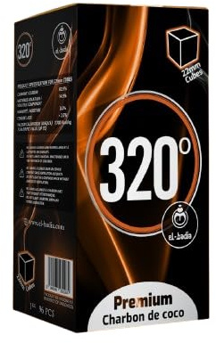 320º Premium Coconut Shisha Charcoal Coal (22mm Cubes) for Hookah BBQ 1 kg - 96 Pieces - Nicotine Free
