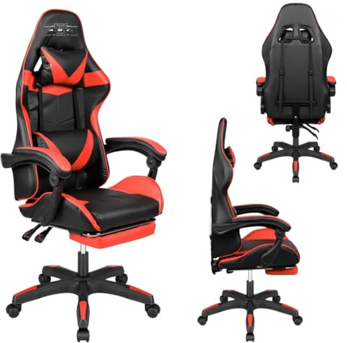 A.M.C. Sedia da Gaming Reclinabile, Poltrona Ufficio girevole, con rotelle, ergonomica, poggiatesta e cuscino lombare, Portata: 125kg (ROSSO)