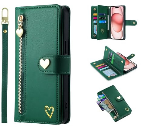 HAOFUGUI Amore Cuore Custodia per Huawei P Smart Z / Y9 Prime 2019, Custodia in Pelle con Cavalletto/Porta Carte/cinturino a mano Flip Case, Magnetico Portafoglio Antiurto Custodia-Verde