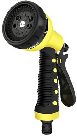 Hose Pipe Spray Gun – Yellow Heavy Duty Garden Nozzle, 5 Adjustable Spray Patterns, High Pressure Flow Control, Ergonomic Grip for Watering Plants, Car Washing & Outdoor Cleaning