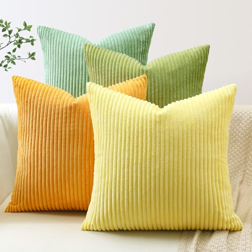 JOTOM 4er Set Cord Kissenbezüge Kissenhülle Dekorative Zierkissen Couchkissen Sofakissen Dekokissen Kordsamt Kissenbezug Deko Kissenhülle für Sofa Wohnzimmer (45x45cm, Gelb Grün)