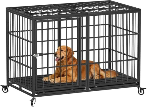 Snuowu 54 Inch Heavy Duty Dog Crate with Wheels，Indestructible Escape-Proof Dog Cage for Large Dogs, Extra Large XL XXL Indestructible Dog Crate with Removable Tray.