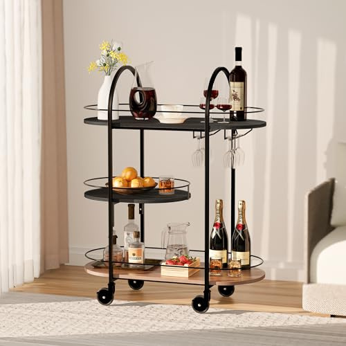 DAWNYIELD Rollbarwagen 3-Etagen Oval, Mobile Bar Theke Servierwagen mit Glas Halter & Schlossrollen, Rollender Aufbewahrungswagen für Küche Wohnzimmer Party Home Bar, Schwarz