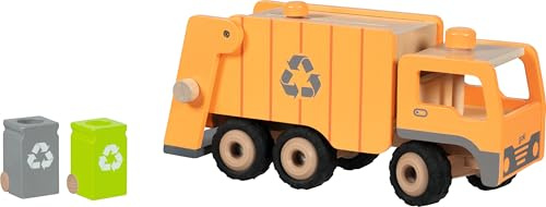 goki 55848 Müllwagen Eco aus Holz – lenkbar über Drehknopf, Hebevorrichtung & 2 Mülltonnen, 36 × 16 × 17,5 cm